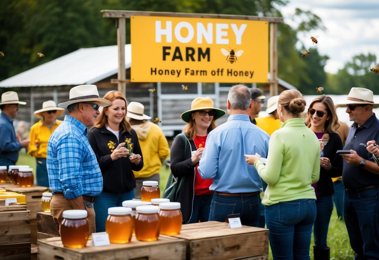 A bustling honey farm with customers asking questions at a promotional event. Bees buzz around colorful signage and jars of honey