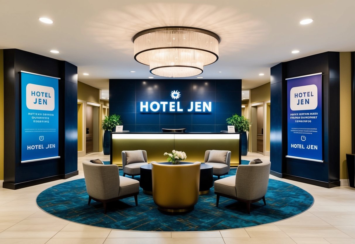 A vibrant lobby with a modern check-in desk, cozy seating areas, and promotional banners for Hotel Jen displayed prominently