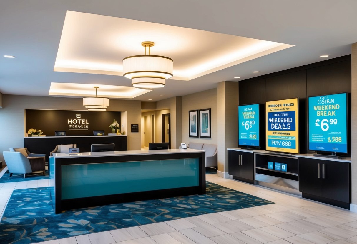 A tranquil hotel lobby with a sleek check-in desk, cozy seating areas, and a display of enticing weekend break deals and promotions