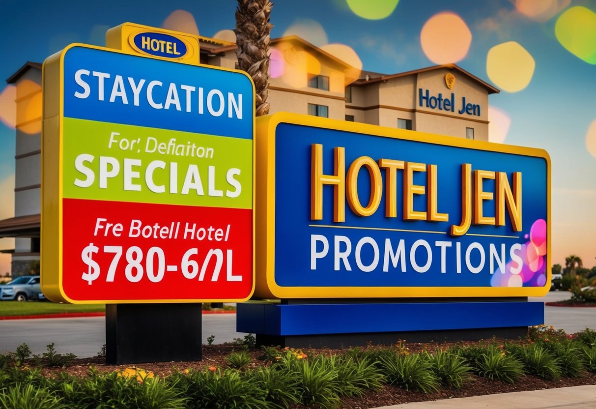 A colorful hotel sign advertises "Staycation Specials" and "Hotel Jen Promotions" with vibrant graphics and enticing imagery
