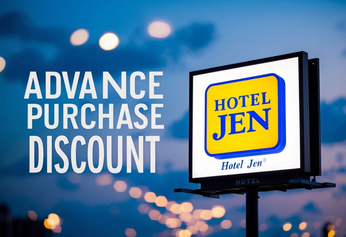 A hotel jen logo displayed on a billboard with "Advance Purchase Discount" promotion
