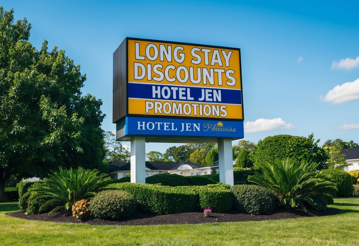 A hotel with a prominent sign advertising "Long Stay Discounts" and "Hotel Jen Promotions" surrounded by lush greenery and a clear blue sky