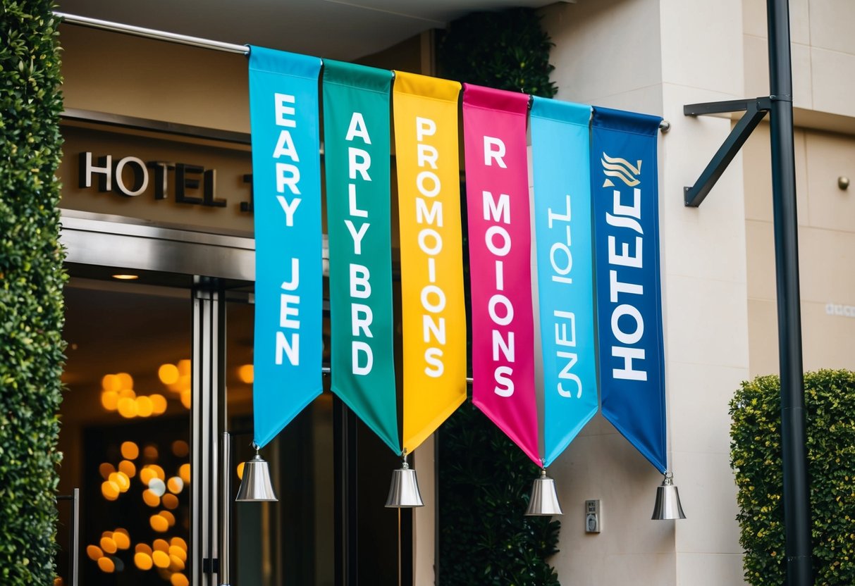 A colorful banner adorning the entrance of Hotel Jen with the words "Early Bird Promotions" and "Hotel Jen Promotions" displayed prominently