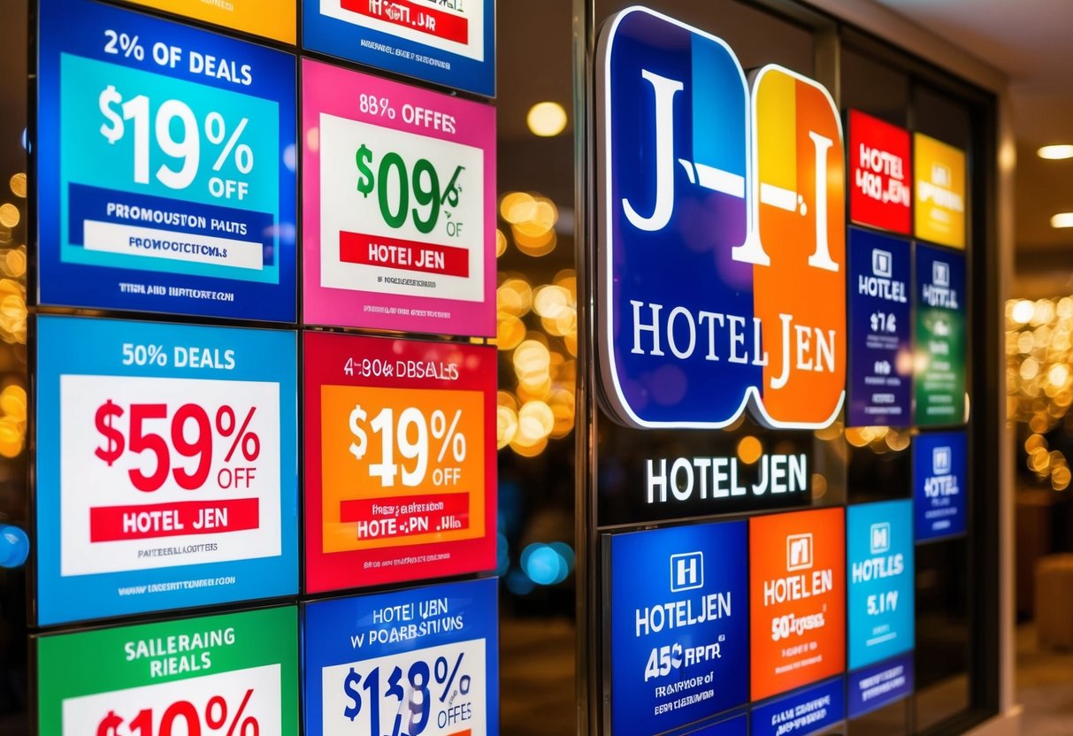 A colorful display of Hotel Jen Promotions, featuring various offers and deals, with the hotel logo prominently displayed