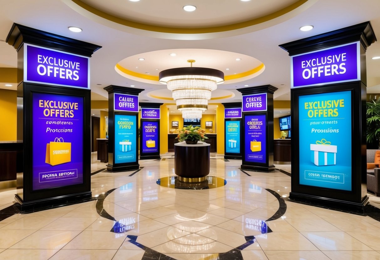A vibrant hotel lobby with a display of exclusive offers and promotions, featuring bright colors and modern decor