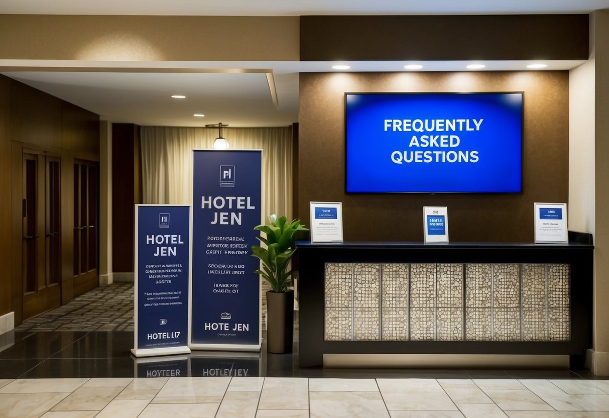 A hotel lobby with a prominent "Frequently Asked Questions" board and promotional materials for Hotel Jen displayed on a counter