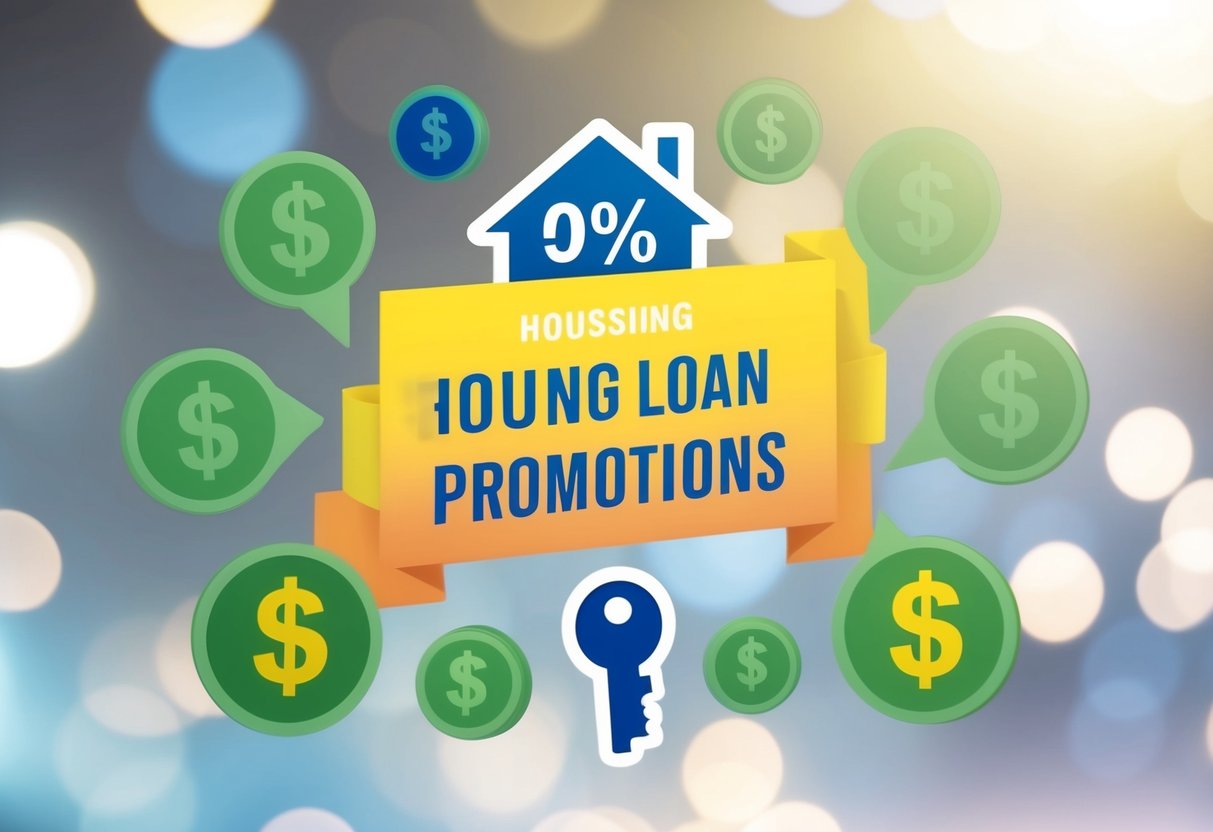 A colorful banner displaying "housing loan promotions" with a house icon and a percentage sign, surrounded by dollar signs and keys