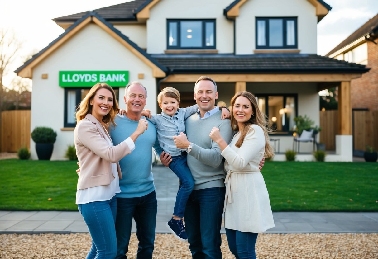 A happy family celebrating in front of a new house with a Lloyds Bank sign