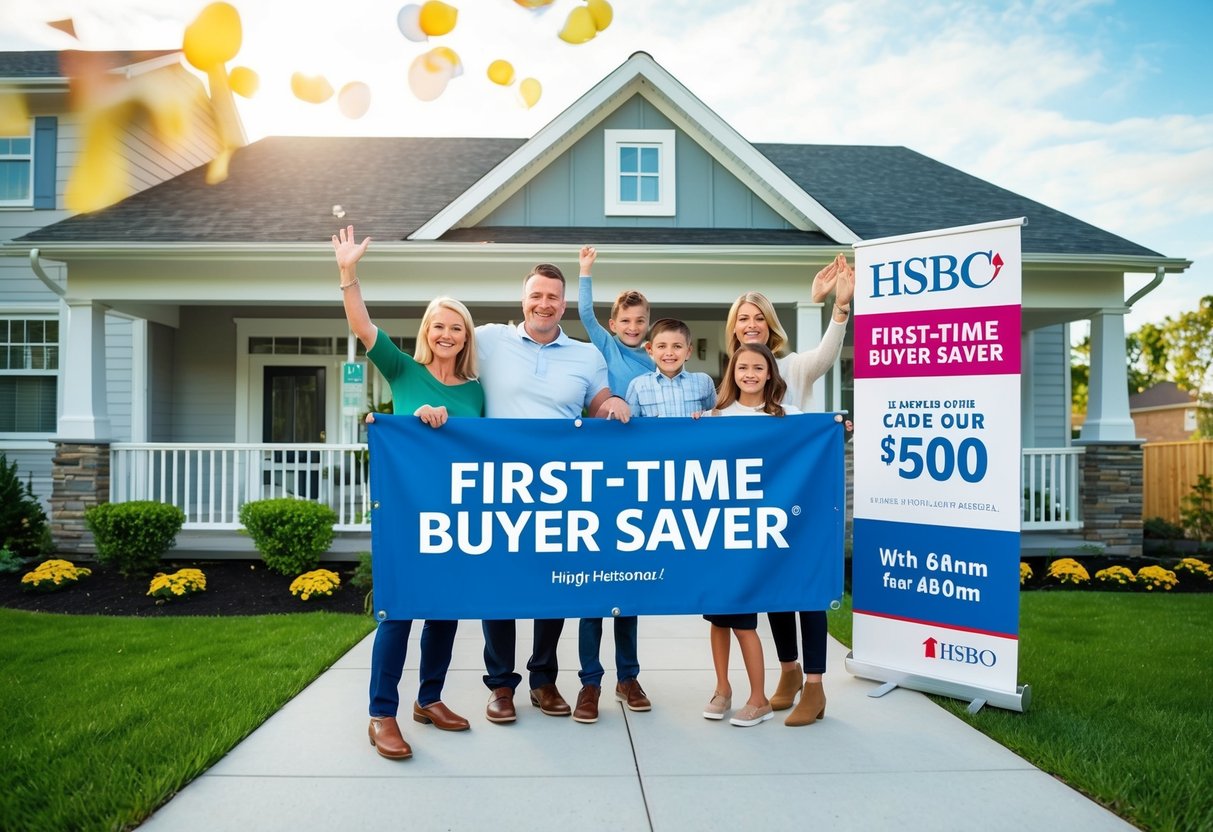 A family celebrating in front of their new home, surrounded by a "HSBC First-Time Buyer Saver" banner and promotional materials