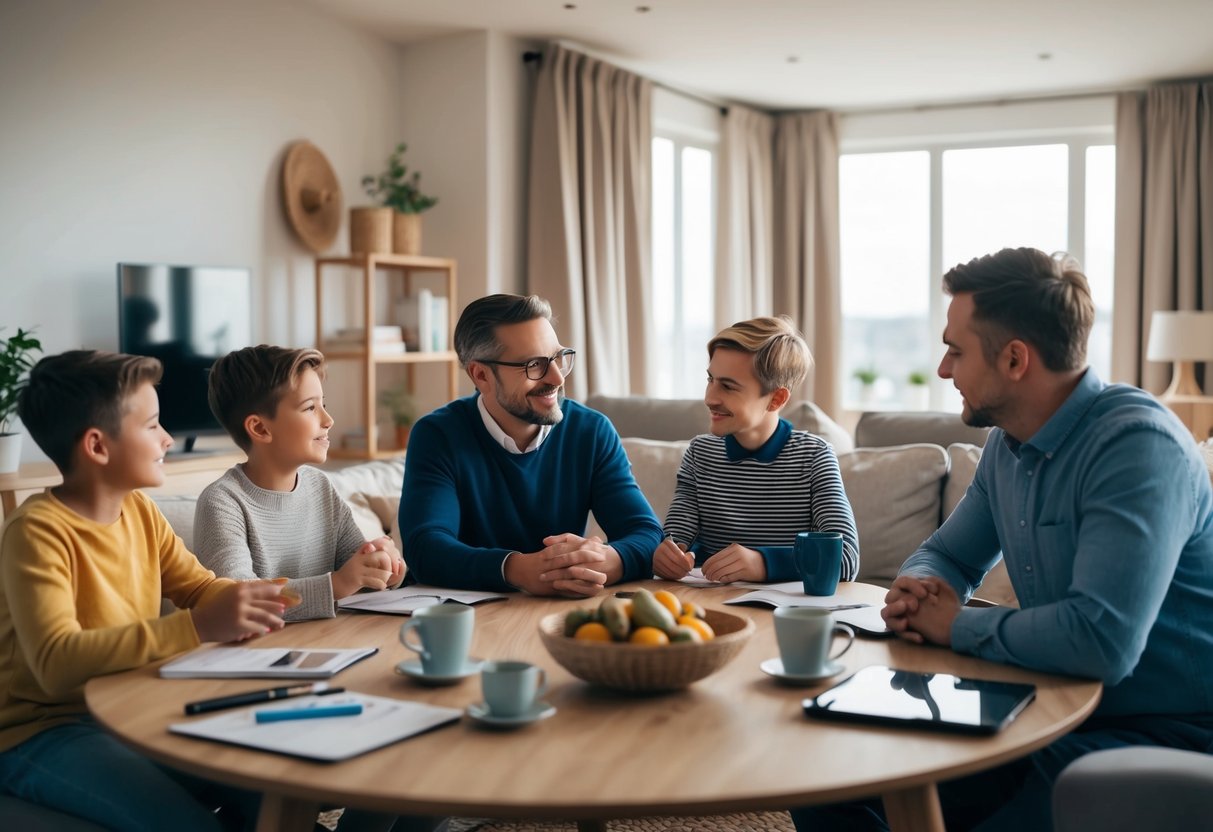 A cozy living room with a family gathered around a table, discussing Halifax Fee-Free Arrangement housing loan promotions