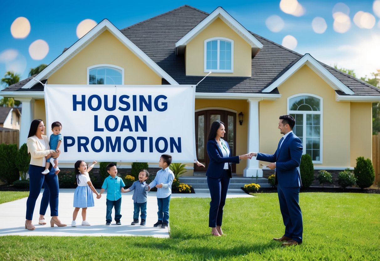 A house with a large "Housing Loan Promotion" banner in front, surrounded by happy families and a bank representative handing over keys