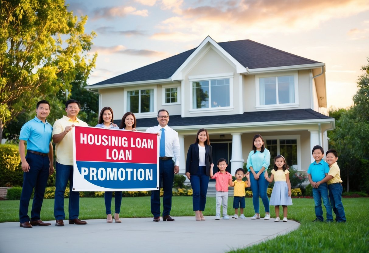 A house with a "Housing Loan Promotion" banner displayed outside, surrounded by happy families and a bank representative