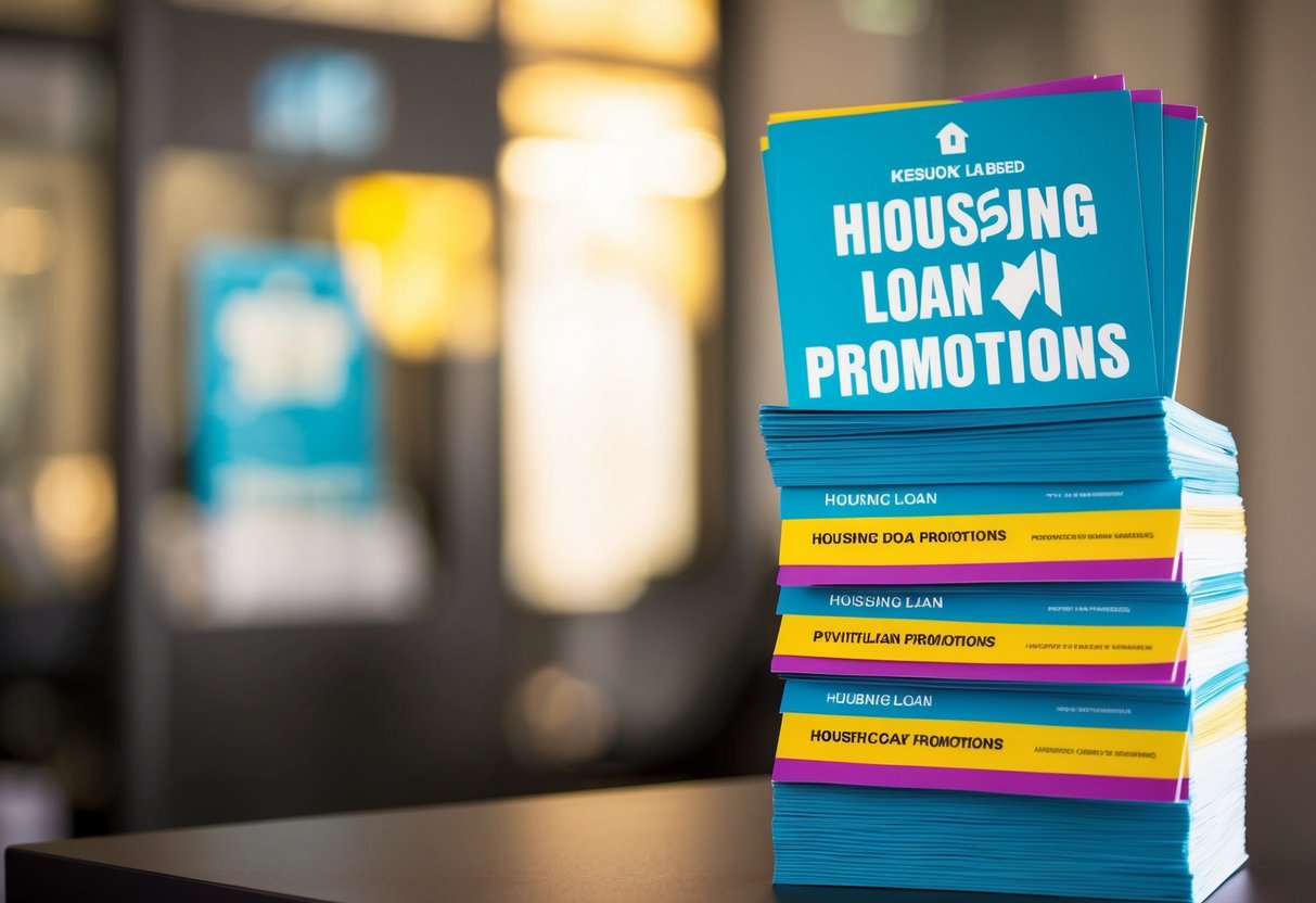 A stack of colorful flyers with "Frequently Asked Questions" and "Housing Loan Promotions" displayed prominently
