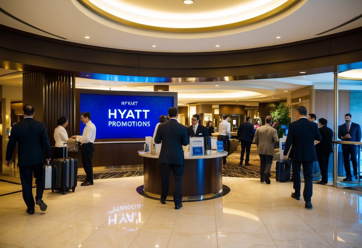 A bustling hotel lobby with a prominent "Hyatt Promotions" display, surrounded by guests checking in and out, and staff attending to their needs