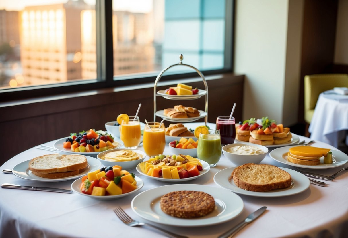 A colorful breakfast spread at a Hyatt House hotel, with a variety of food and drink options arranged neatly on a table