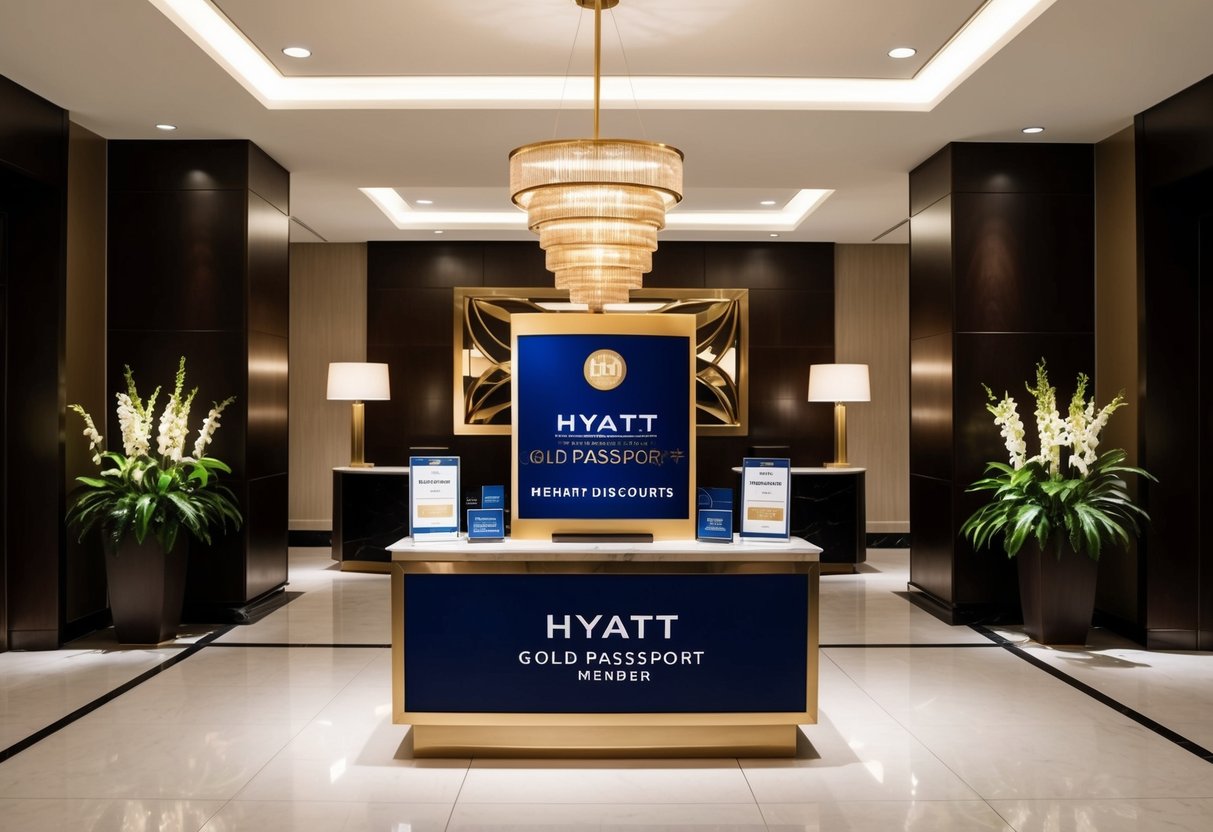 A luxury hotel lobby with a prominent Hyatt Gold Passport Member Discounts sign and promotional materials displayed
