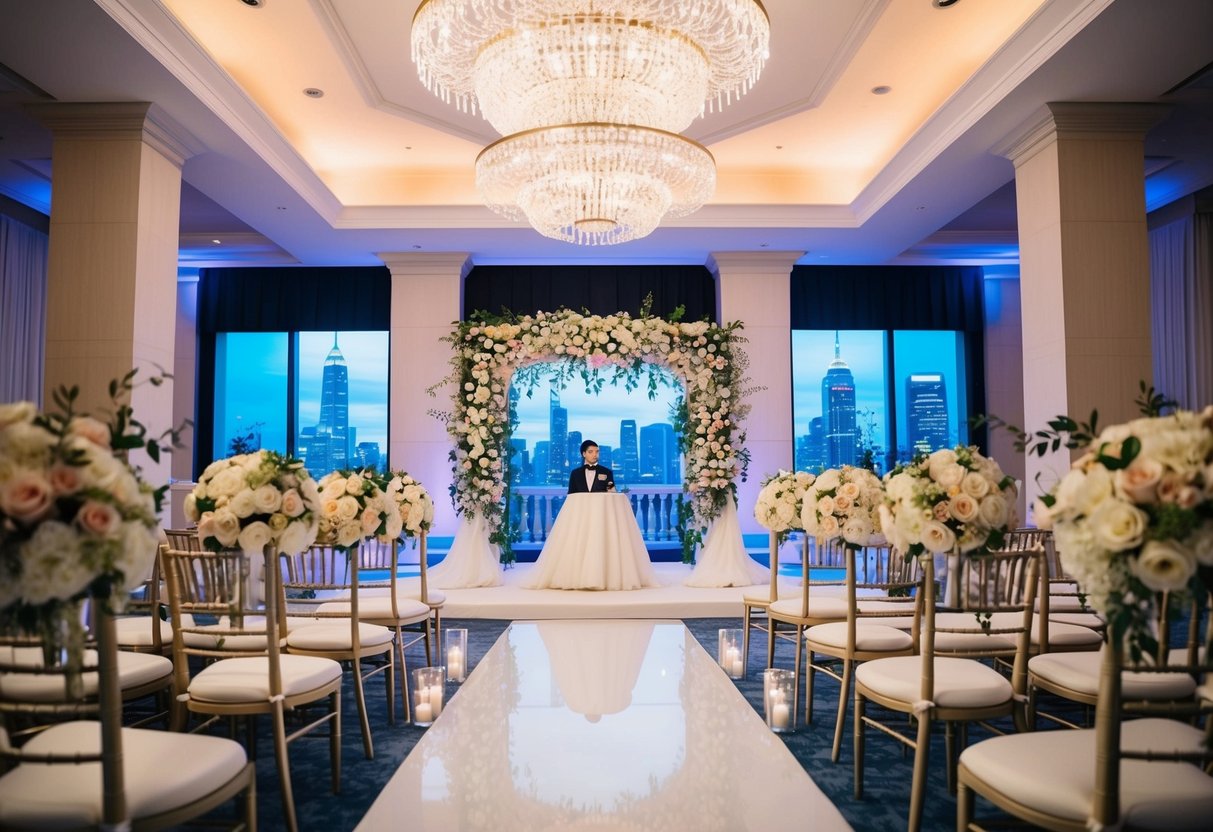 A luxurious wedding ceremony set in a grand ballroom with elegant floral arrangements, sparkling chandeliers, and a beautiful backdrop of city skyline views