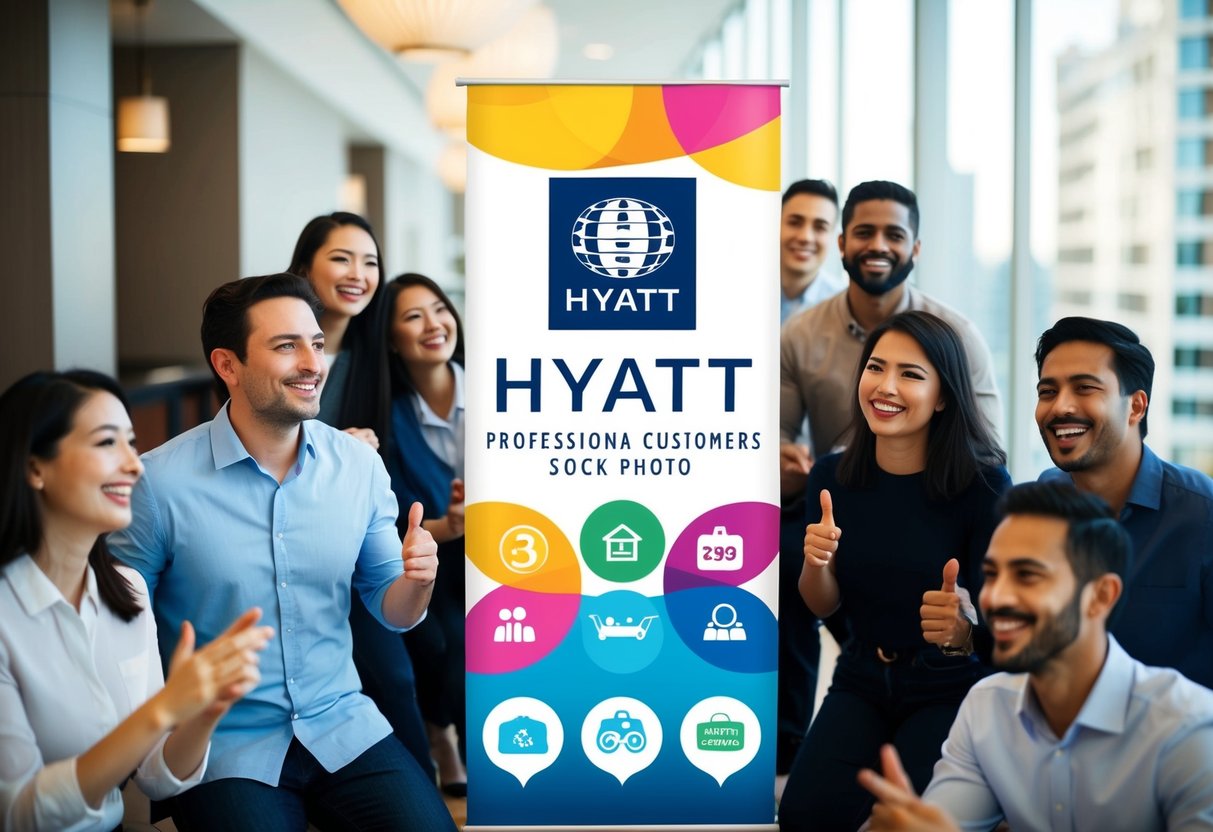 A colorful banner with the Hyatt logo and various promotional symbols, surrounded by happy customers enjoying their stay at a Hyatt hotel