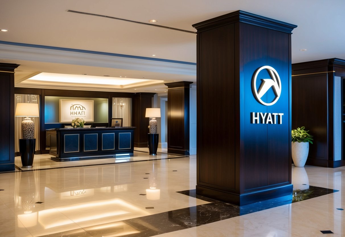 A luxurious hotel lobby with elegant decor and a prominent Hyatt logo displayed prominently