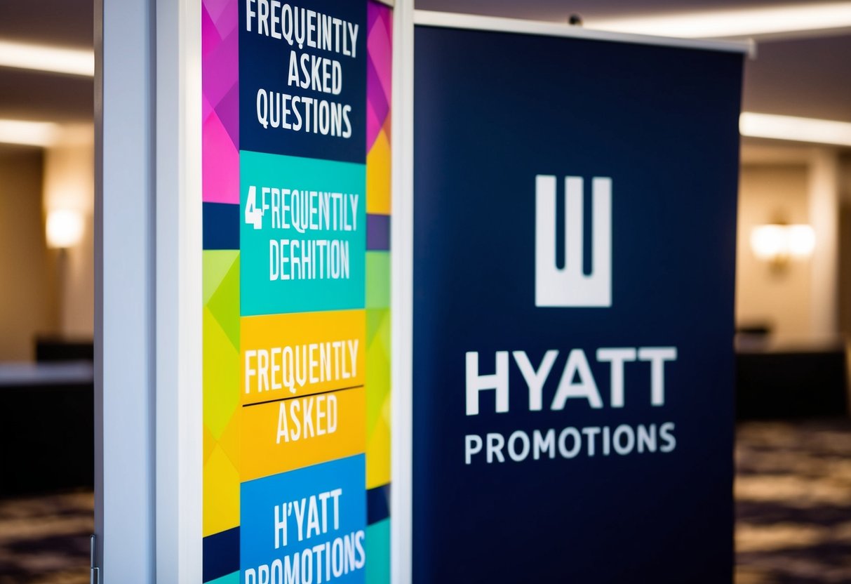 A colorful banner displaying "Frequently Asked Questions" and "Hyatt promotions" with a hotel logo in the background