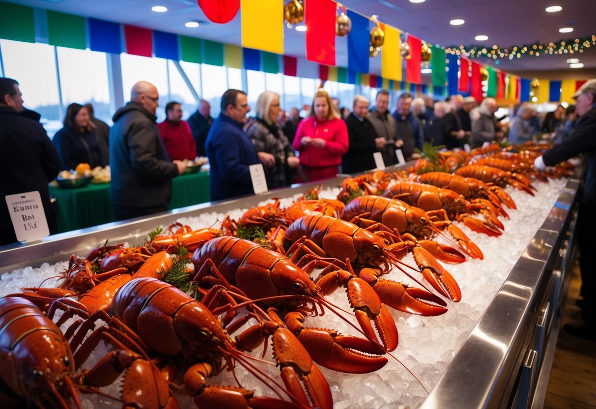 A lavish display of lobsters on ice, surrounded by colorful banners and festive decorations, with a crowd of people eagerly lining up for the buffet