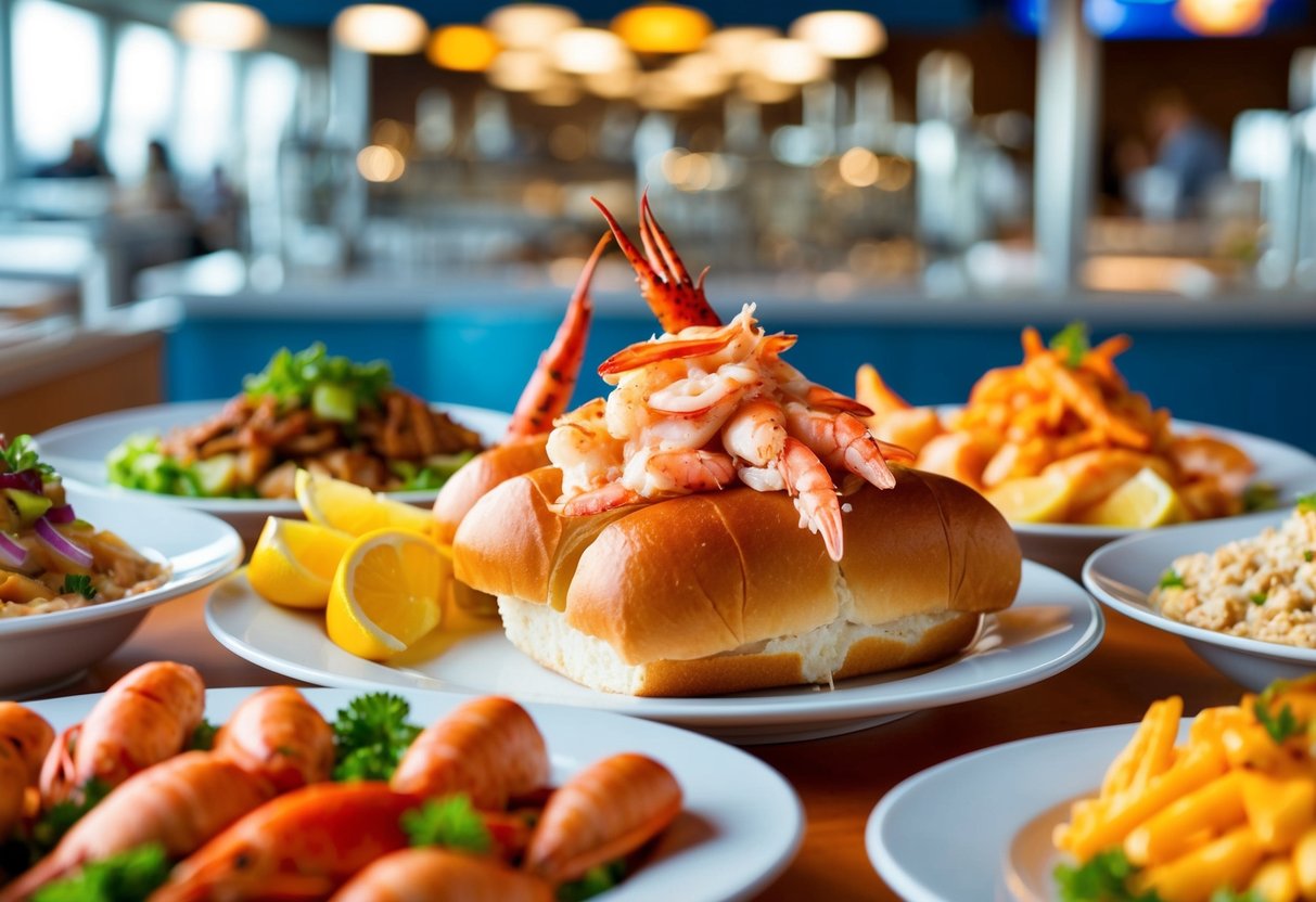 A lavish lobster roll surrounded by a variety of seafood dishes at Ocean's Pride buffet