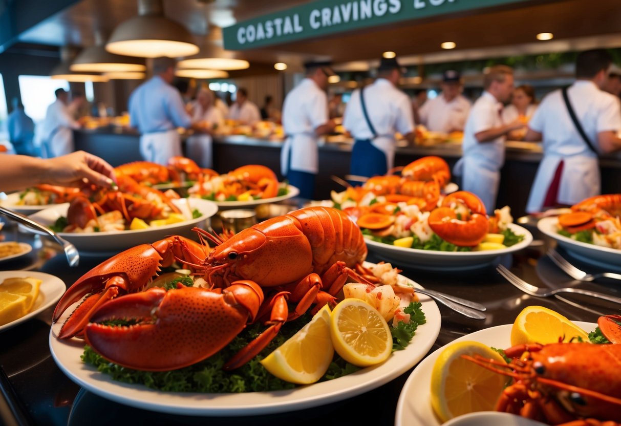 The Coastal Cravings lobster buffet is bustling with diners enjoying endless servings of succulent lobster. The vibrant atmosphere is filled with the aroma of fresh seafood and the clinking of cutlery