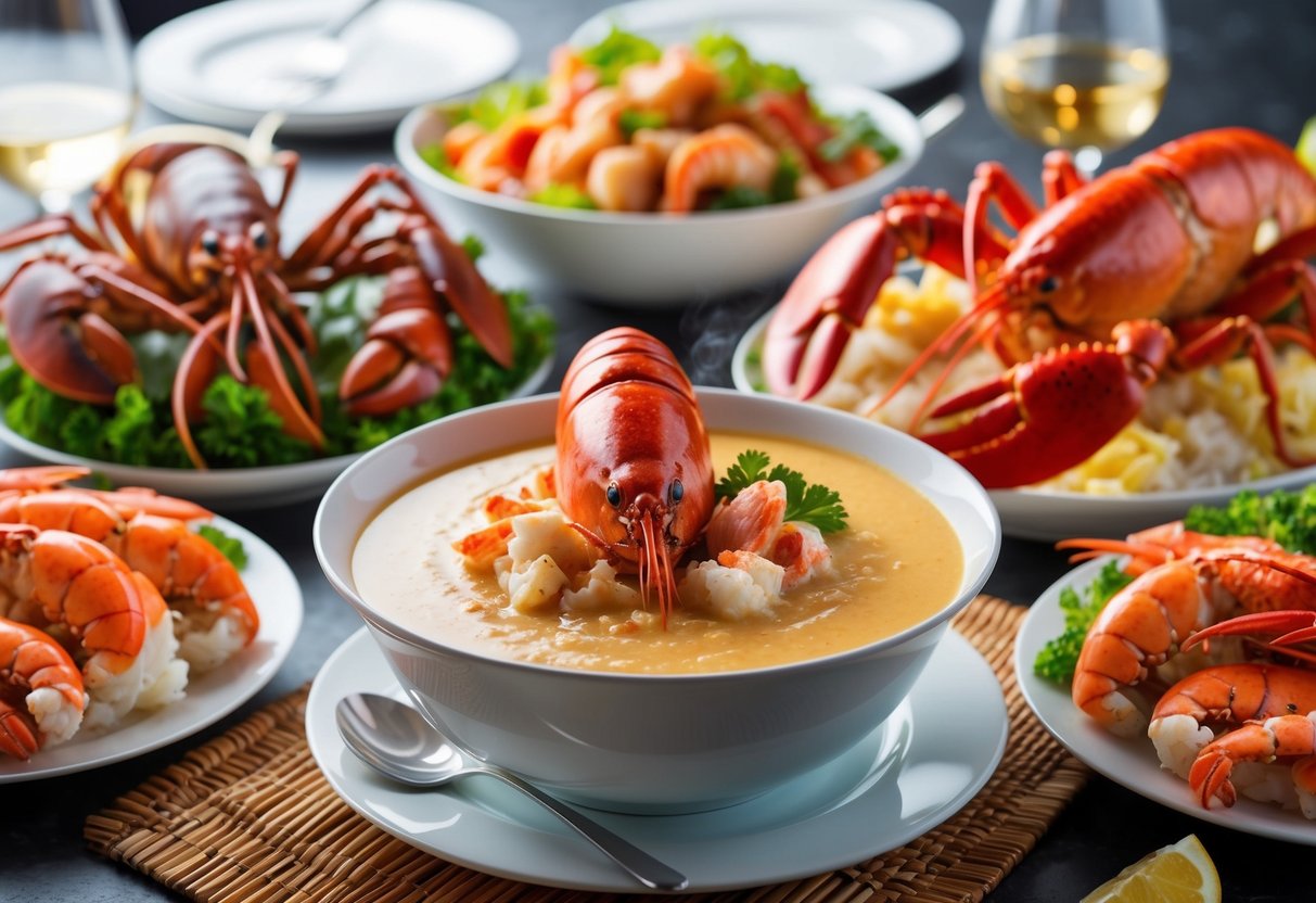 A steaming bowl of gourmet lobster bisque surrounded by a lavish seafood spread at The Seafood Gala lobster buffet promotions