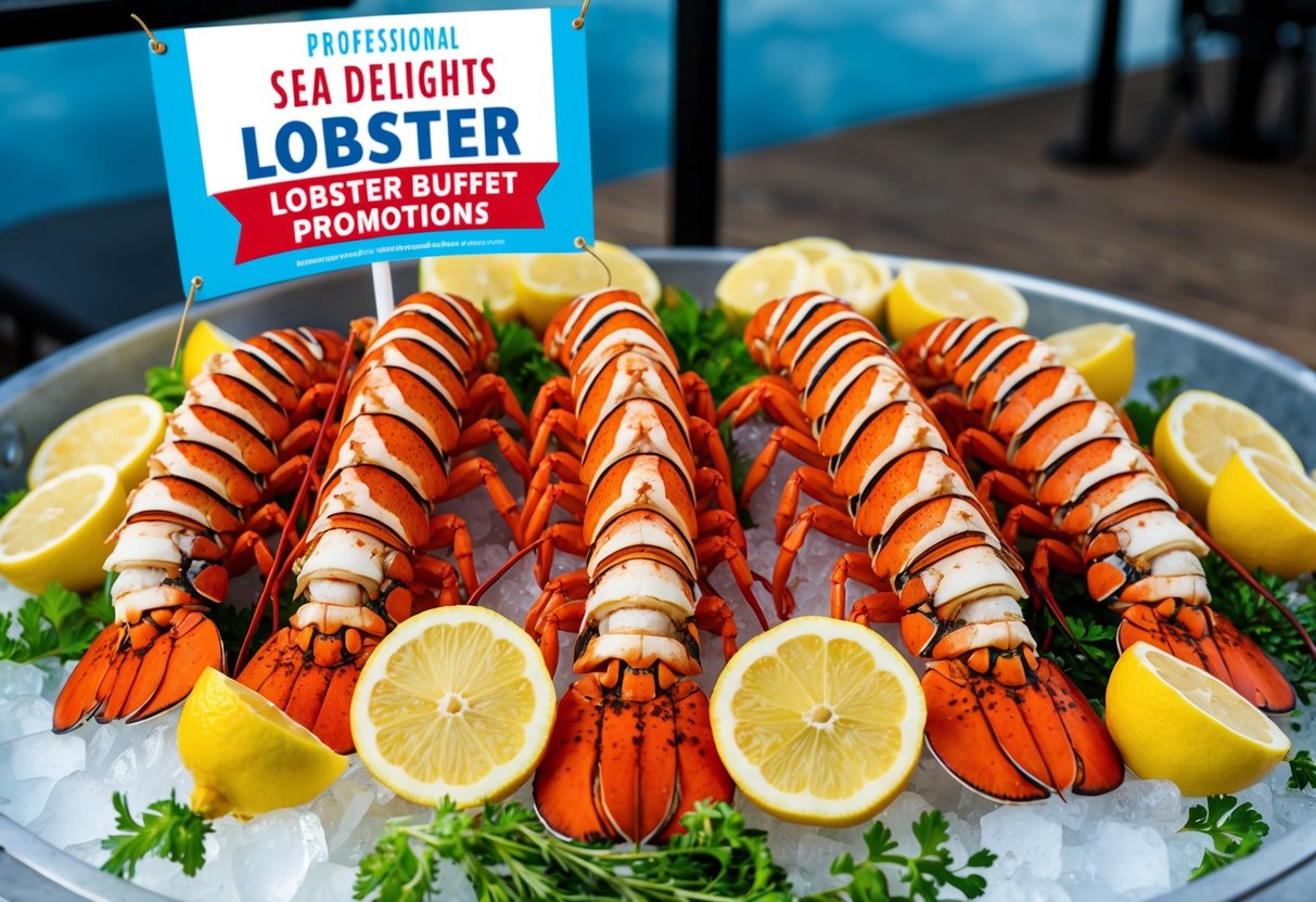 Lobster tails arranged on a bed of ice, surrounded by lemon wedges and fresh herbs, with a banner advertising Sea Delights lobster buffet promotions