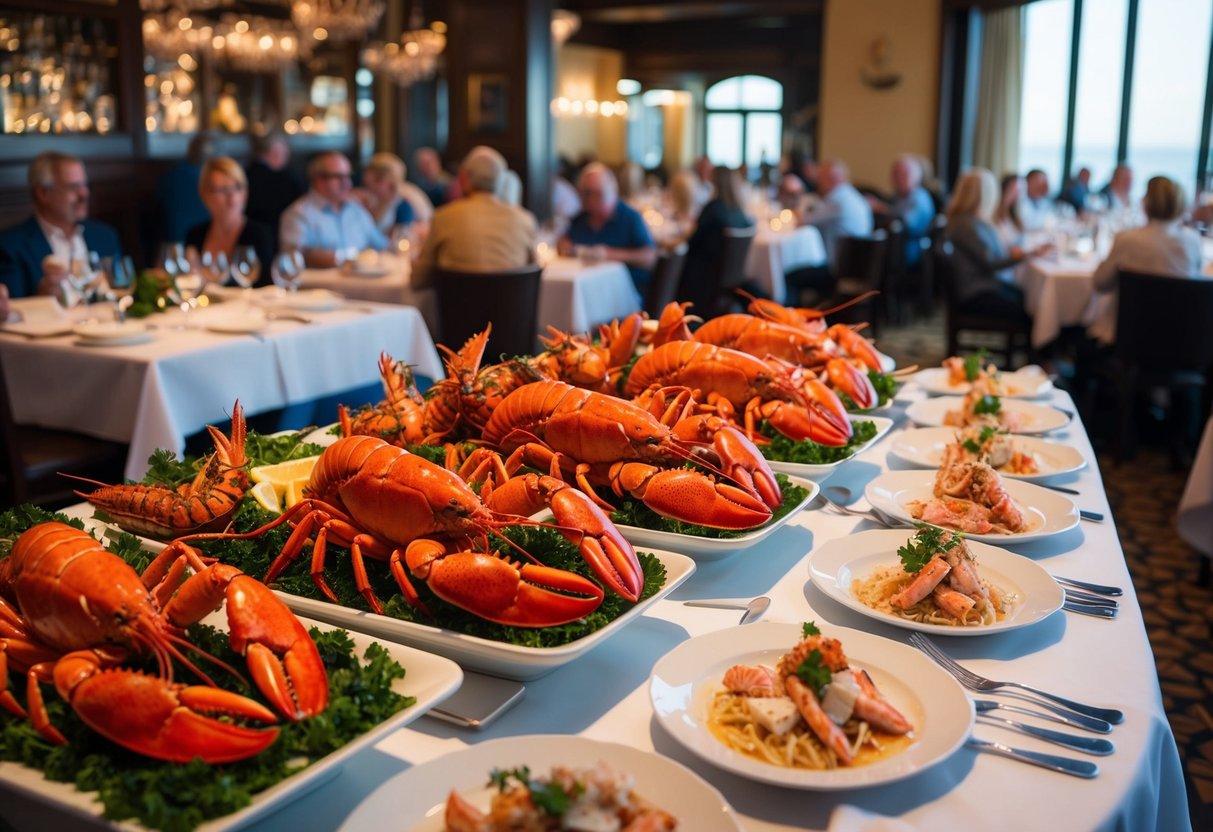 Lobster buffet: lavish display of fresh lobsters, elegant table settings, and a bustling dining room filled with excited patrons at Chef's Haven