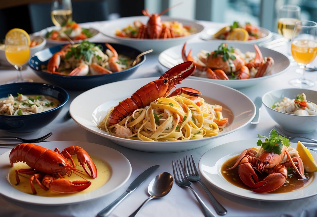 A table set with decadent lobster linguine surrounded by a variety of seafood dishes at a Maritime Table lobster buffet promotion