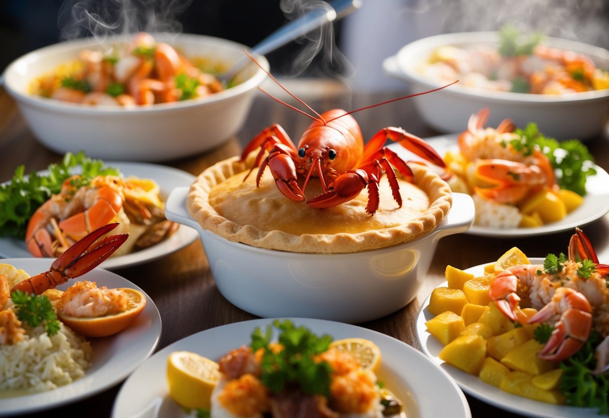 A steaming lobster pot pie surrounded by decadent seafood dishes at Harbour House buffet