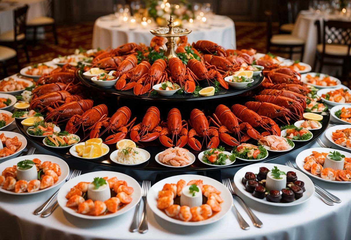 A grand buffet spread with lobsters, seafood, and elegant table settings