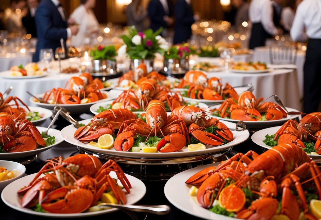 A lavish spread of lobster dishes on a buffet table, surrounded by elegant dining settings and a bustling, lively atmosphere