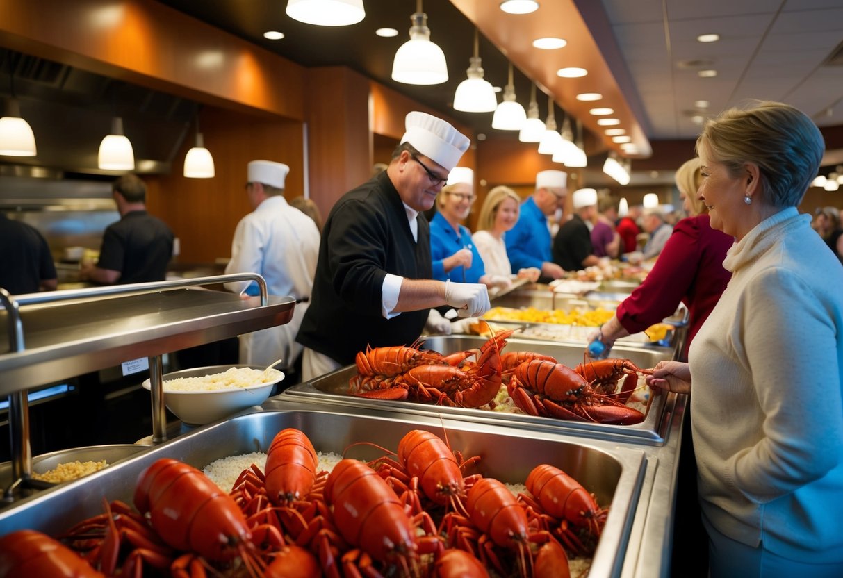 A bustling lobster buffet with people lining up for promotions