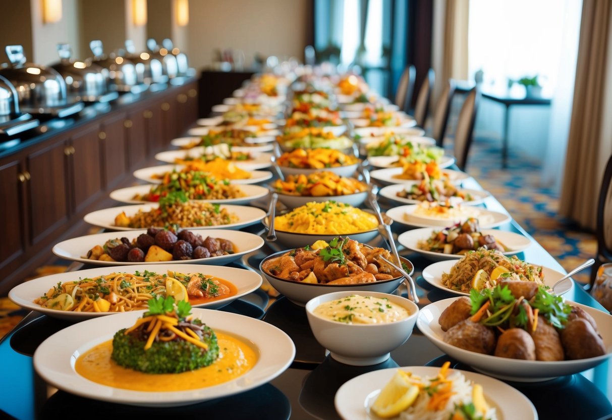 A vibrant hotel buffet spread with a variety of cuisines and dishes beautifully arranged on a long table