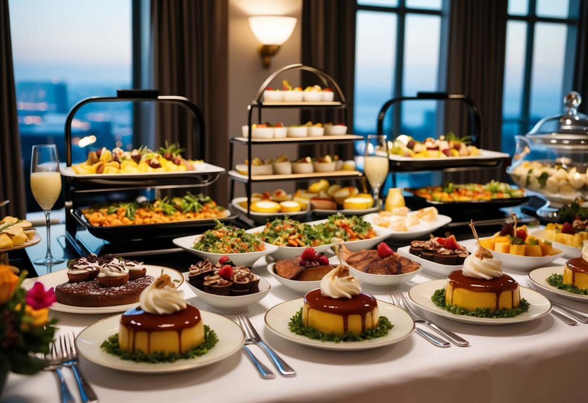 A lavish hotel buffet spread featuring a variety of gourmet dishes and decadent desserts for Sunday Brunch Extravaganza promotions