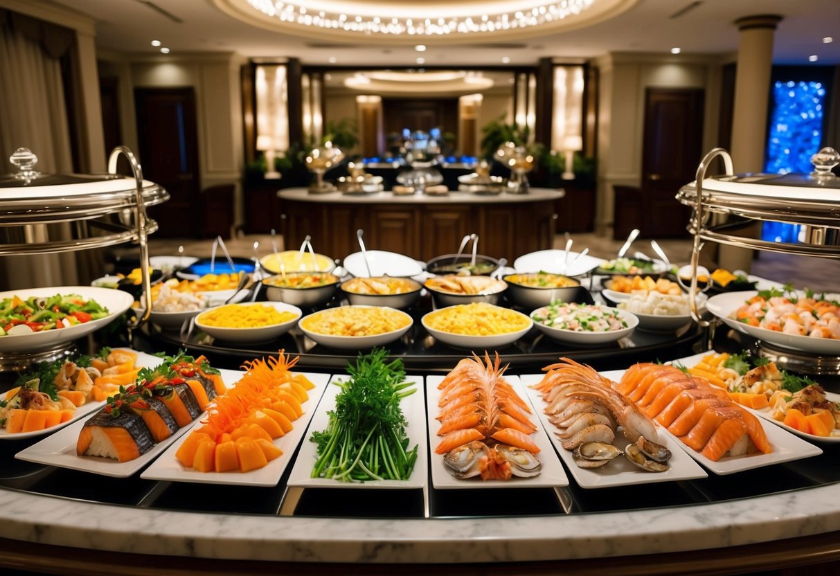 A colorful array of fresh seafood dishes displayed on a lavish hotel buffet table, surrounded by elegant dining settings and twinkling ambient lighting