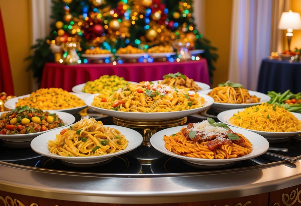 A colorful spread of Italian pasta dishes displayed on a hotel buffet table, surrounded by vibrant decor and festive ambiance