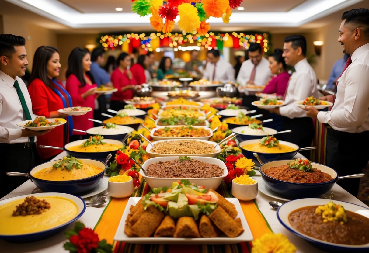 A colorful spread of traditional Mexican dishes at a hotel buffet, adorned with festive decorations and surrounded by eager diners