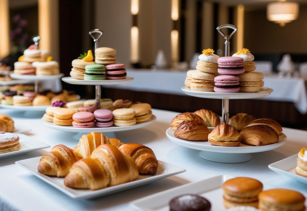 A lavish display of French pastries at a hotel buffet, with colorful macarons, delicate éclairs, and flaky croissants arranged on tiered stands