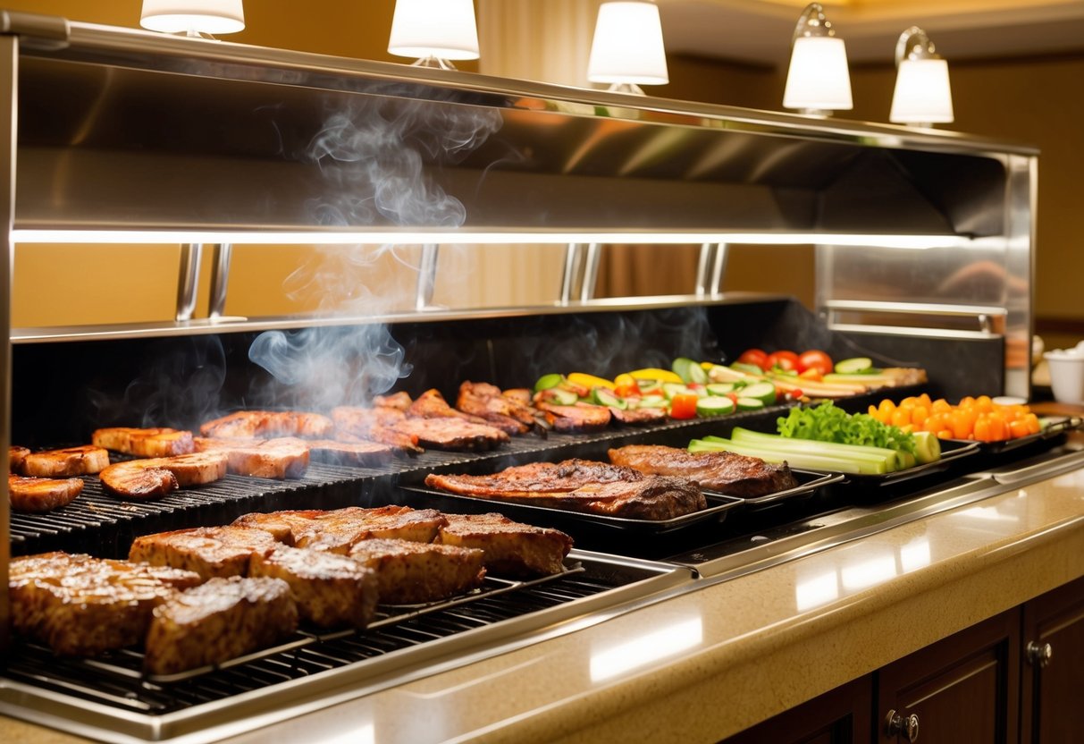 The sizzling BBQ station at the hotel buffet, with smoke rising from the grill and colorful array of meats and vegetables on display