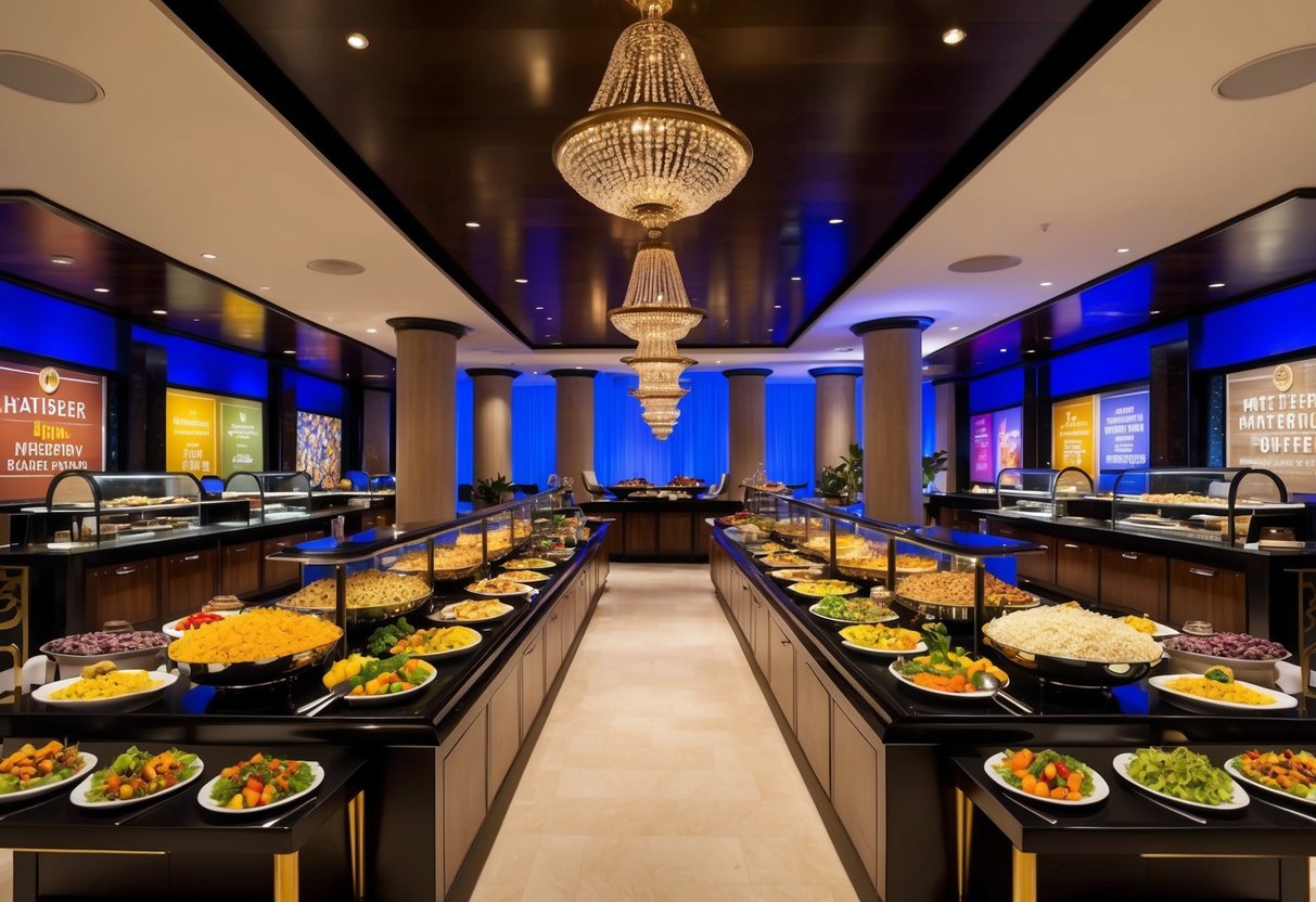 A lavish Mediterranean hotel buffet at night, with colorful promotions and an inviting ambiance