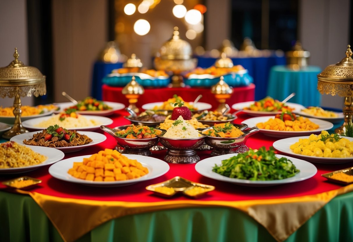 A colorful buffet spread with Middle Eastern dishes and decorative elements