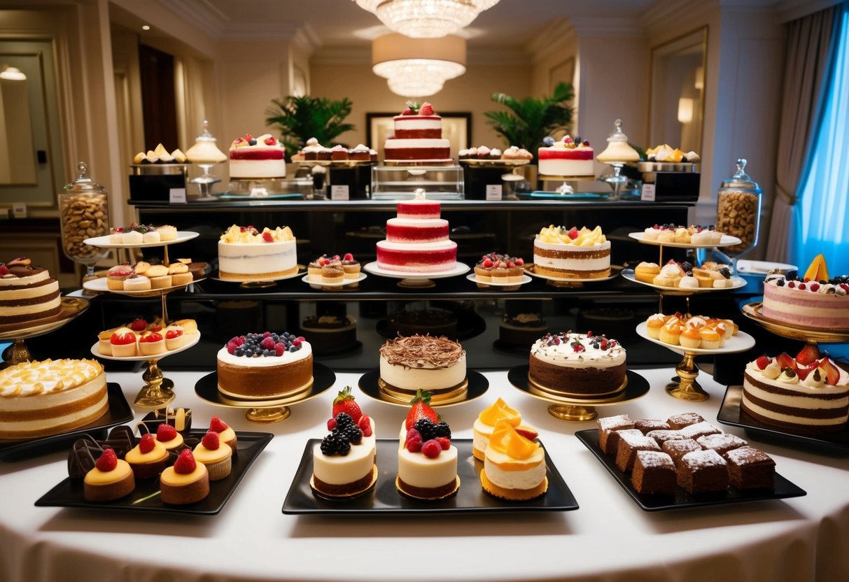 A lavish display of decadent desserts at a hotel buffet, with an array of cakes, pastries, and sweets arranged on elegant platters and stands