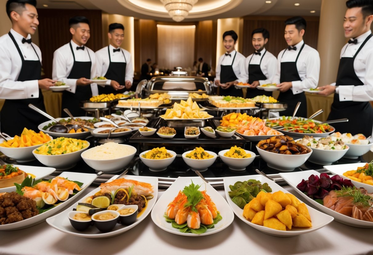 A bustling hotel buffet with a wide array of dishes, from fresh seafood to decadent desserts, set against an elegant backdrop with attentive staff