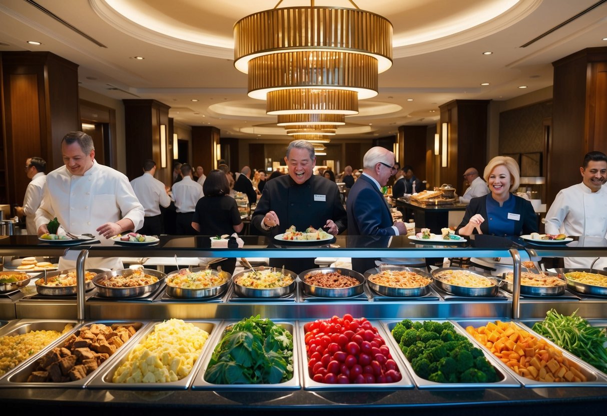 A bustling hotel buffet with various food stations and patrons enjoying the promotions