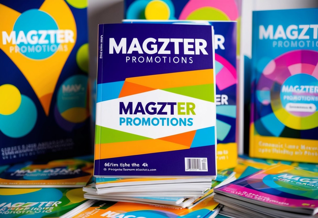 A colorful display of magazines with "Magzter promotions" branding, surrounded by vibrant graphics and eye-catching designs