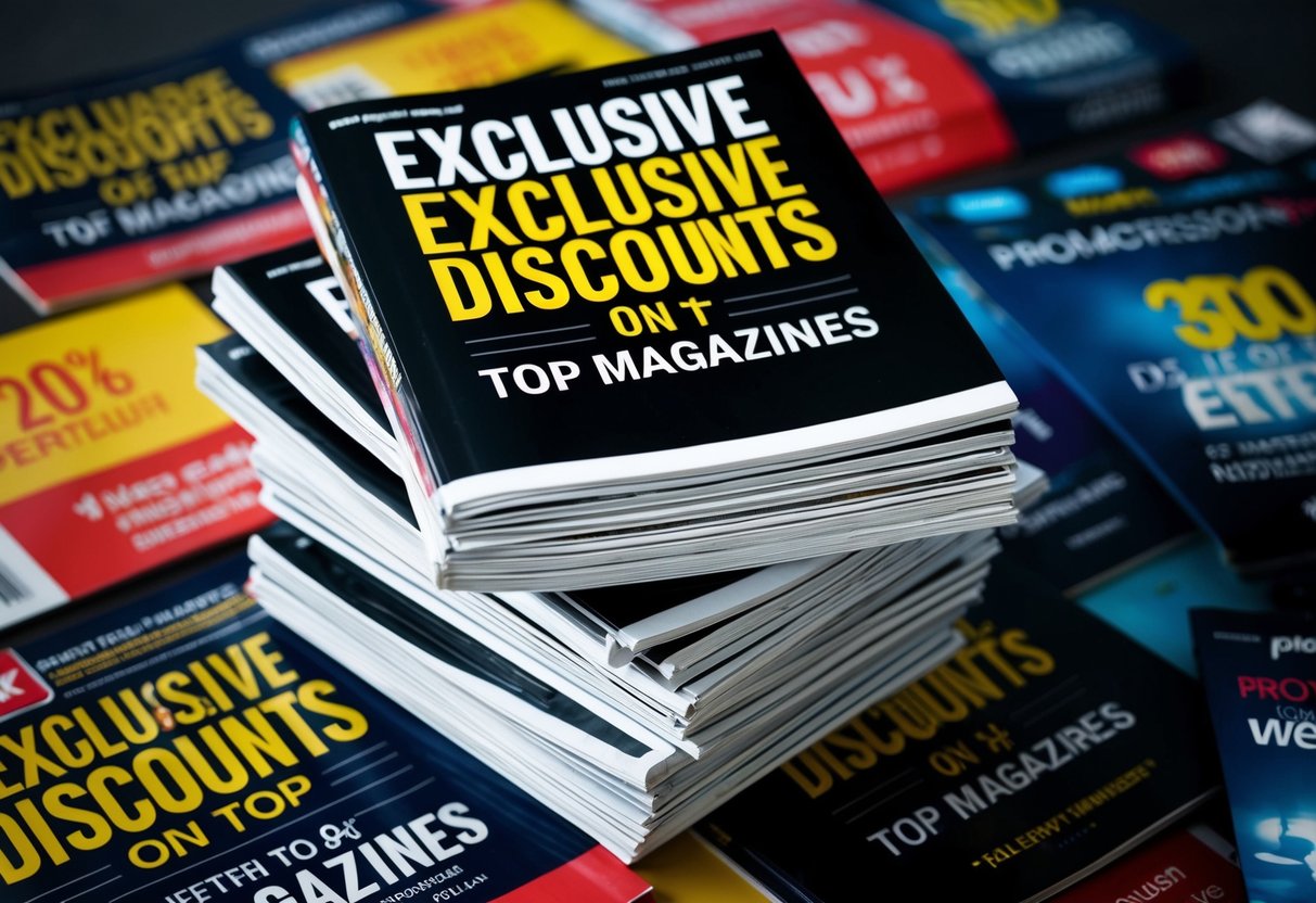 A stack of glossy magazines with "Exclusive discounts on top magazines" printed on the cover, surrounded by promotional banners and logos