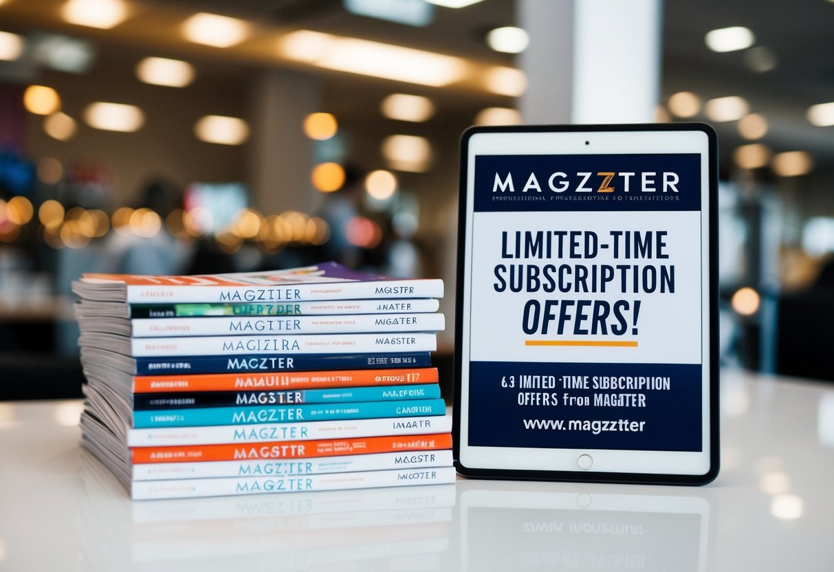 A stack of magazines with a banner advertising limited-time subscription offers from Magzter